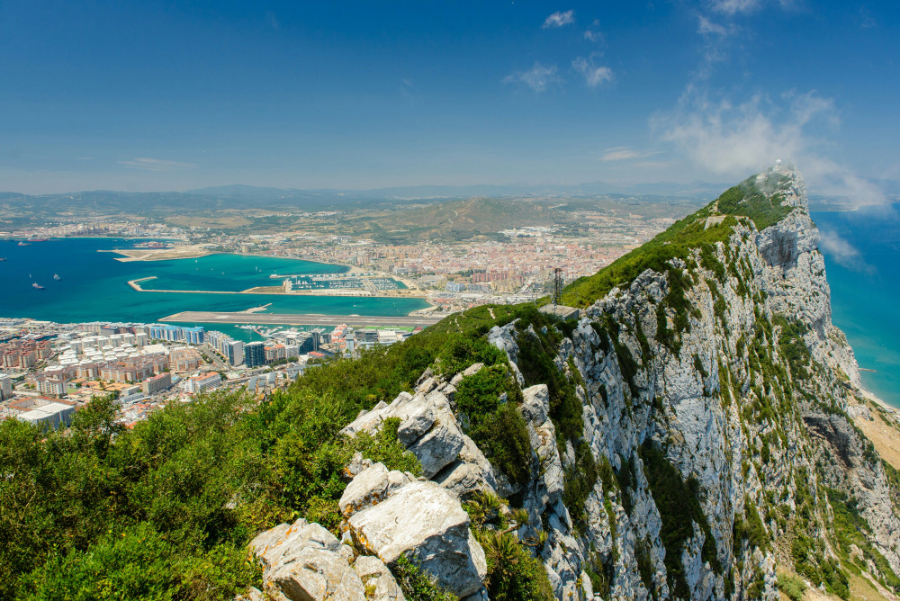 Z zelenim rastjem obraščena skala se dviga nad mestom Gibraltar